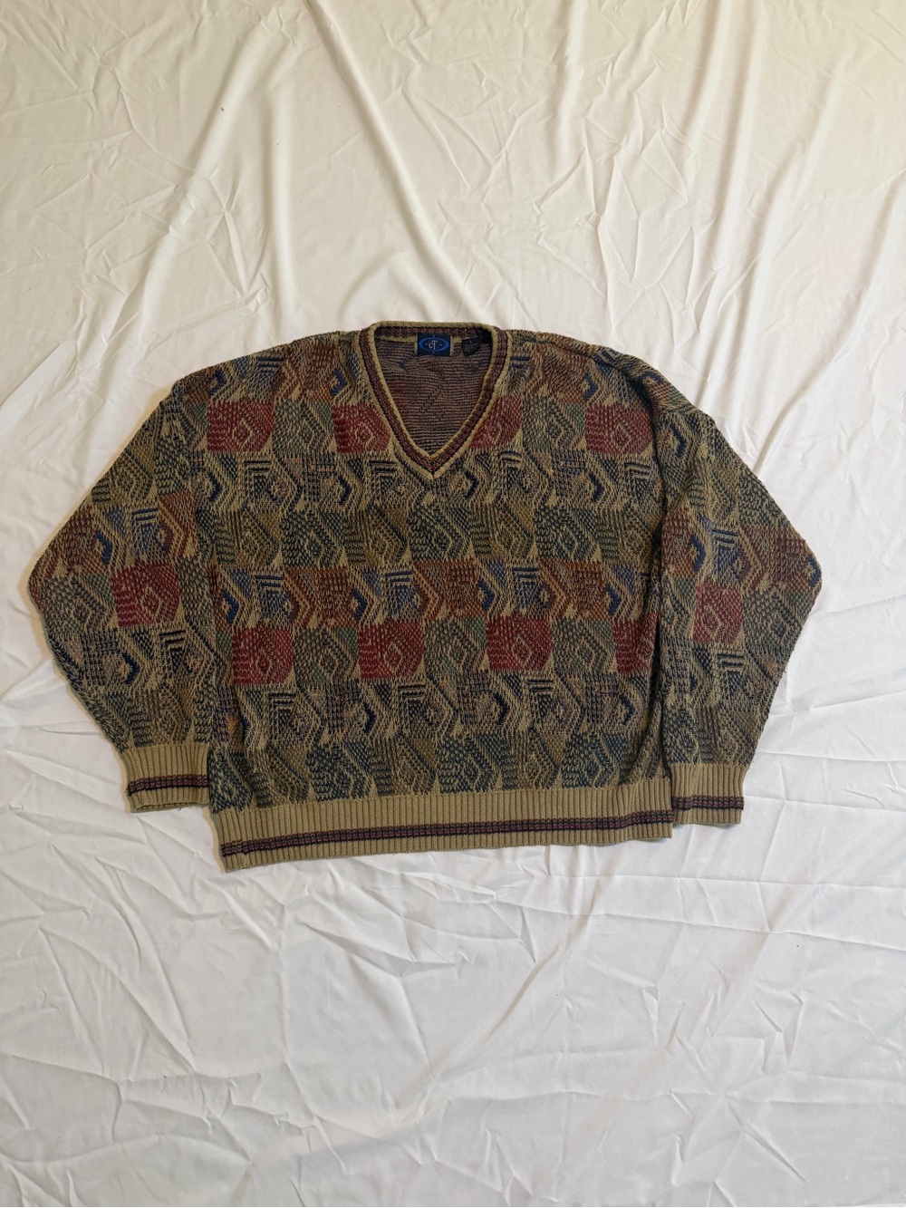 CT Men’s Vintage 90s Sweater Large Geometric V Neck Grandpa Knit Pullover Retro
